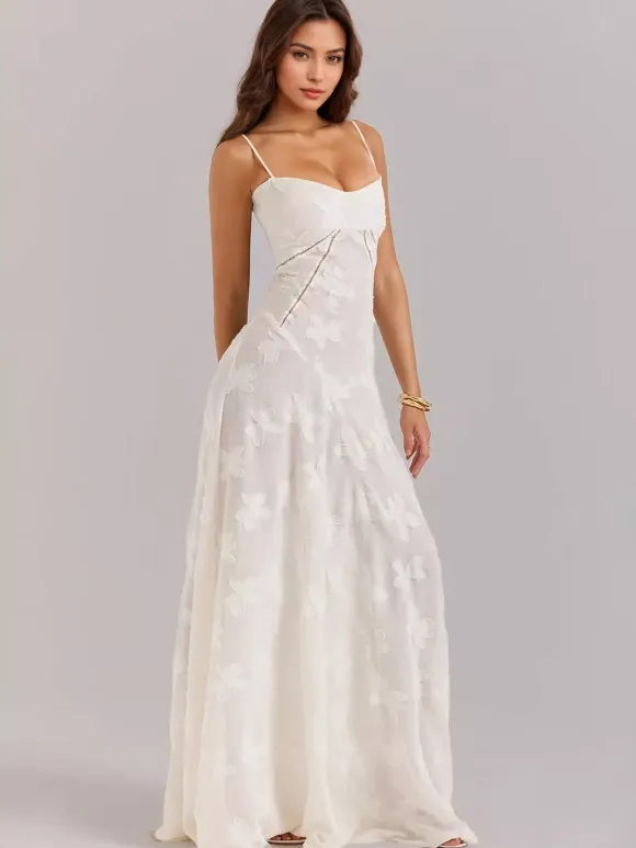 Boho Jacquard Sheer Maxi Dress for Women - Cream White Lace-up Back Slim Fit A-Line Flowy Cami Gown - Summer Beach Party 2026