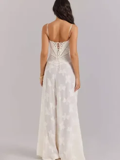 Boho Jacquard Sheer Maxi Dress for Women - Cream White Lace-up Back Slim Fit A-Line Flowy Cami Gown - Summer Beach Party 2026