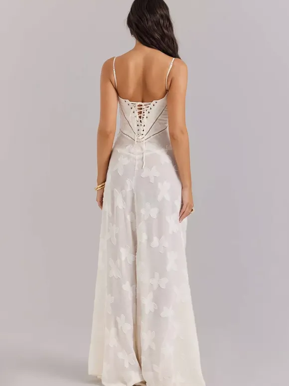 Boho Jacquard Sheer Maxi Dress for Women - Cream White Lace-up Back Slim Fit A-Line Flowy Cami Gown - Summer Beach Party 2026