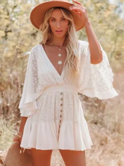 Boho Lace Eyelet Mini Dress for Women - Bell Sleeve V Neck Backless Dress - Beach Resort Music Festival 2026