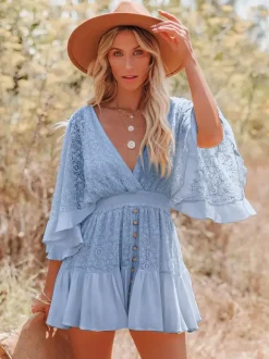 Boho Lace Eyelet Mini Dress for Women - Bell Sleeve V Neck Backless Dress - Beach Resort Music Festival 2026