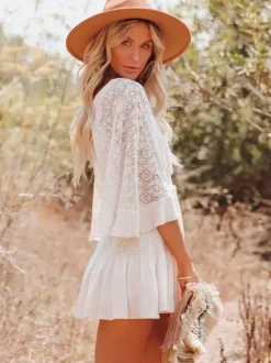 Boho Lace Eyelet Mini Dress for Women - Bell Sleeve V Neck Backless Dress - Beach Resort Music Festival 2026