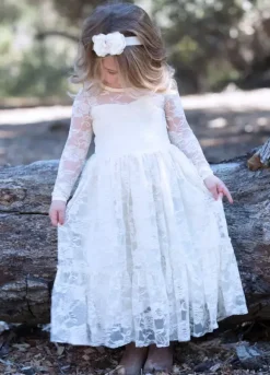 Boho Lace Flower Girl Dress Jewel Neck Long Sleeves Kids Social Party Dresses