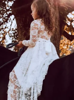 Boho Lace Flower Girl Dress Jewel Neck Long Sleeves Kids Social Party Dresses