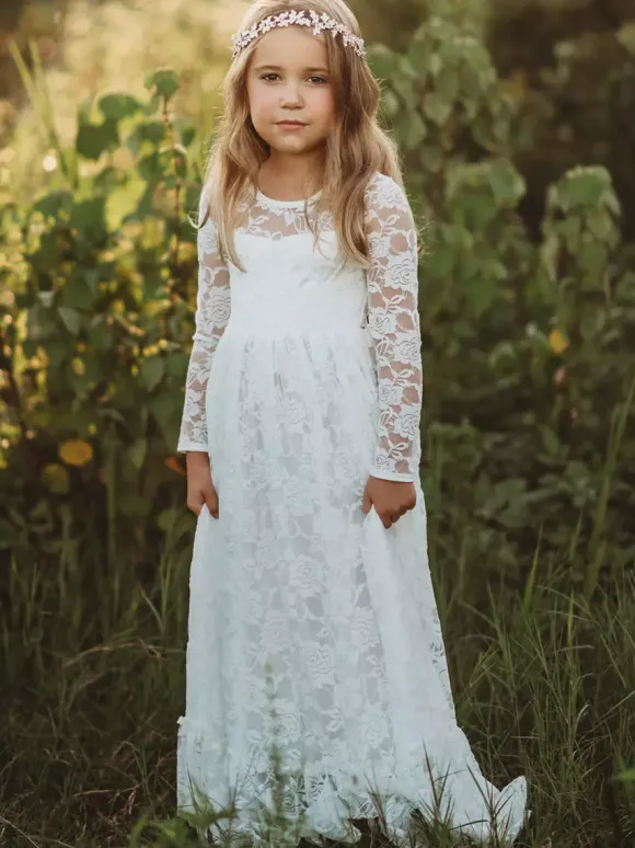 Boho Lace Flower Girl Dress Jewel Neck Long Sleeves Kids Social Party Dresses