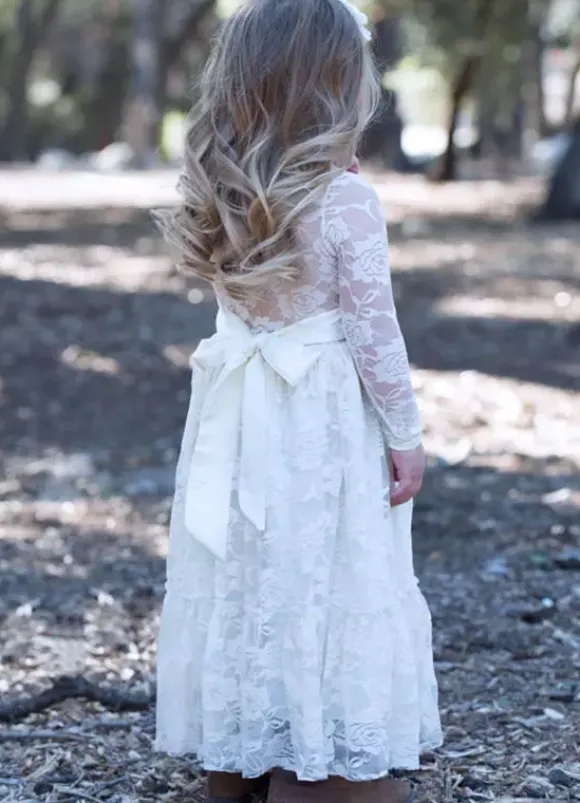 Boho Lace Flower Girl Dress Jewel Neck Long Sleeves Kids Social Party Dresses