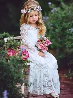 Boho Lace Flower Girl Dress Jewel Neck Long Sleeves Kids Social Party Dresses