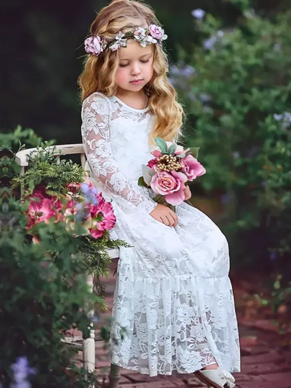 Boho Lace Flower Girl Dress Jewel Neck Long Sleeves Kids Social Party Dresses