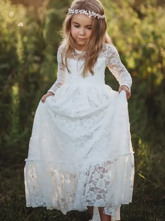 Boho Lace Flower Girl Dress Jewel Neck Long Sleeves Kids Social Party Dresses