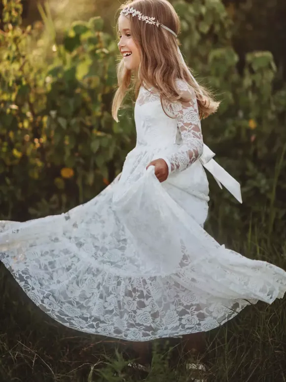 Boho Lace Flower Girl Dress Jewel Neck Long Sleeves Kids Social Party Dresses