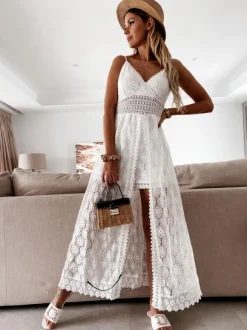 Boho Lace Maxi Slip Dress for Women - V Neck Open Front Romper - Summer Beach Vacation 2026