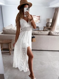 Boho Lace Maxi Slip Dress for Women - V Neck Open Front Romper - Summer Beach Vacation 2026
