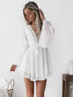 Boho Lace Mini Dress for Women - V Neck Bell Sleeve A Line Skater Dress - Spring Semi-formal Party Wear 2026
