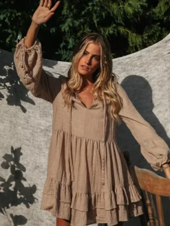 Boho Lantern Sleeve Mini Dress for Women - Cotton Blend V Neck Tiered Ruffle Loose Fit Smock - Spring Casual Resort 2026