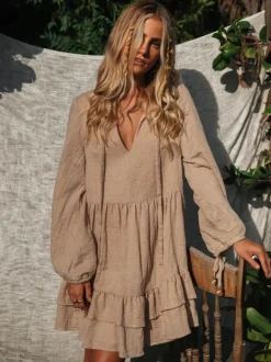 Boho Lantern Sleeve Mini Dress for Women - Cotton Blend V Neck Tiered Ruffle Loose Fit Smock - Spring Casual Resort 2026