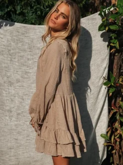 Boho Lantern Sleeve Mini Dress for Women - Cotton Blend V Neck Tiered Ruffle Loose Fit Smock - Spring Casual Resort 2026