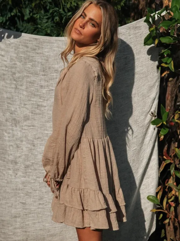 Boho Lantern Sleeve Mini Dress for Women - Cotton Blend V Neck Tiered Ruffle Loose Fit Smock - Spring Casual Resort 2026