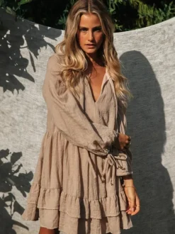 Boho Lantern Sleeve Mini Dress for Women - Cotton Blend V Neck Tiered Ruffle Loose Fit Smock - Spring Casual Resort 2026