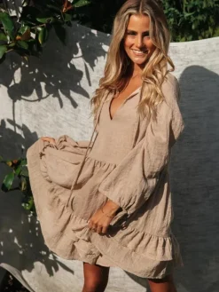 Boho Lantern Sleeve Mini Dress for Women - Cotton Blend V Neck Tiered Ruffle Loose Fit Smock - Spring Casual Resort 2026