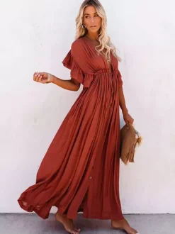 Boho Maxi Dress for Women - Deep V Neck Ruffle Sleeve Drawstring Waist Long Gown With Pockets - Summer Beach Vacation 2026