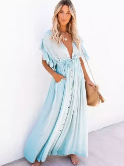 Boho Maxi Dress for Women - Deep V Neck Ruffle Sleeve Drawstring Waist Long Gown With Pockets - Summer Beach Vacation 2026