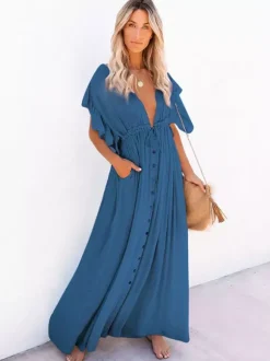 Boho Maxi Dress for Women - Deep V Neck Ruffle Sleeve Drawstring Waist Long Gown With Pockets - Summer Beach Vacation 2026