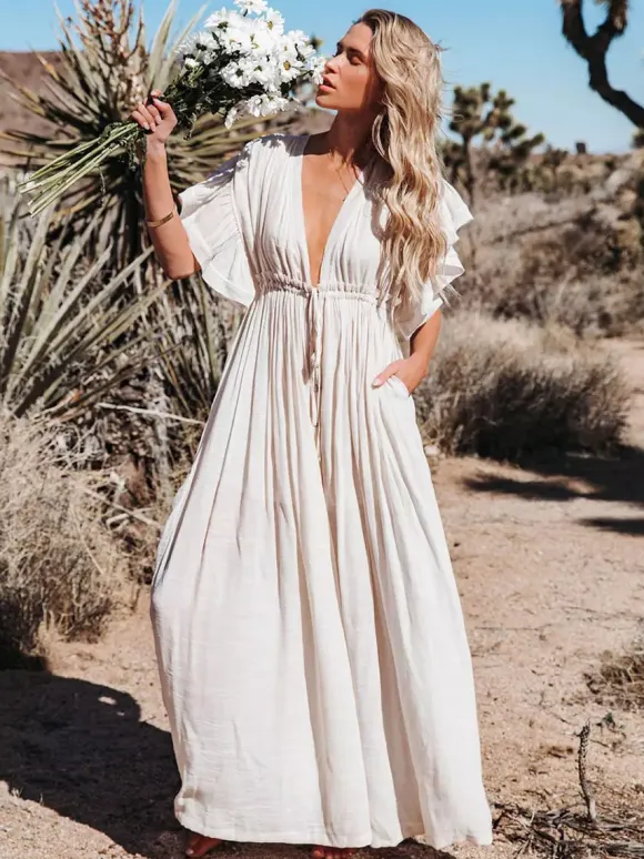 Boho Maxi Dress for Women - Deep V Neck Ruffle Sleeve Drawstring Waist Long Gown With Pockets - Summer Beach Vacation 2026