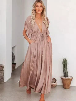 Boho Maxi Dress for Women - Deep V Neck Ruffle Sleeve Drawstring Waist Long Gown With Pockets - Summer Beach Vacation 2026