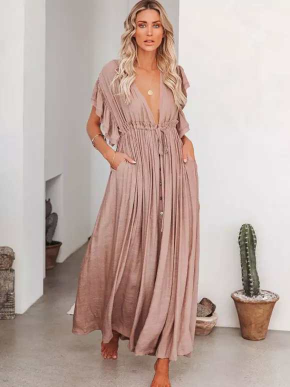 Boho Maxi Dress for Women - Deep V Neck Ruffle Sleeve Drawstring Waist Long Gown With Pockets - Summer Beach Vacation 2026
