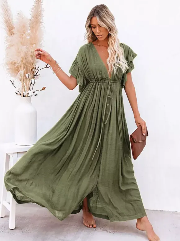 Boho Maxi Dress for Women - Deep V Neck Ruffle Sleeve Drawstring Waist Long Gown With Pockets - Summer Beach Vacation 2026