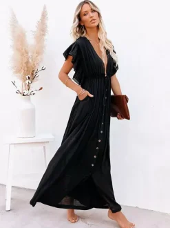 Boho Maxi Dress for Women - Deep V Neck Ruffle Sleeve Drawstring Waist Long Gown With Pockets - Summer Beach Vacation 2026