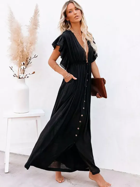 Boho Maxi Dress for Women - Deep V Neck Ruffle Sleeve Drawstring Waist Long Gown With Pockets - Summer Beach Vacation 2026