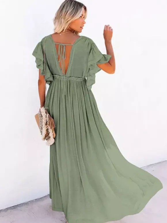 Boho Maxi Dress for Women - Deep V Neck Ruffle Sleeve Drawstring Waist Long Gown With Pockets - Summer Beach Vacation 2026