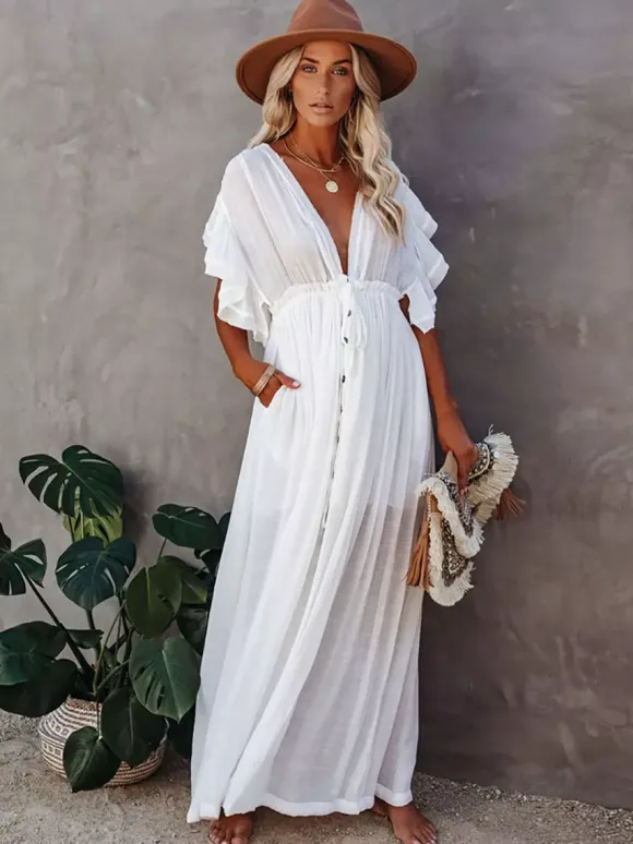 Boho Maxi Dress for Women - Deep V Neck Ruffle Sleeve Drawstring Waist Long Gown With Pockets - Summer Beach Vacation 2026