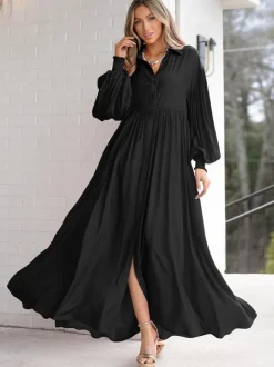 Boho Maxi Shirt Dress For Women- Long Puff Sleeve Casual Flowy Dress - Summer Vacation Beach Evening Wear 2026
