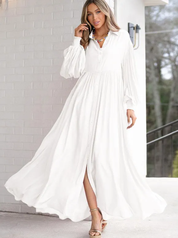 Boho Maxi Shirt Dress For Women- Long Puff Sleeve Casual Flowy Dress - Summer Vacation Beach Evening Wear 2026