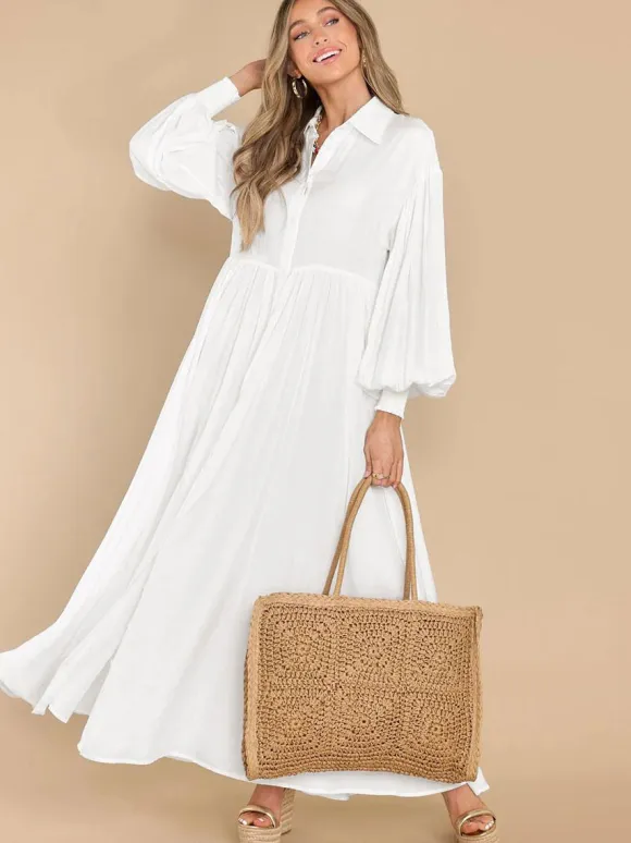 Boho Maxi Shirt Dress For Women- Long Puff Sleeve Casual Flowy Dress - Summer Vacation Beach Evening Wear 2026