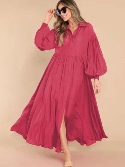 Boho Maxi Shirt Dress For Women- Long Puff Sleeve Casual Flowy Dress - Summer Vacation Beach Evening Wear 2026
