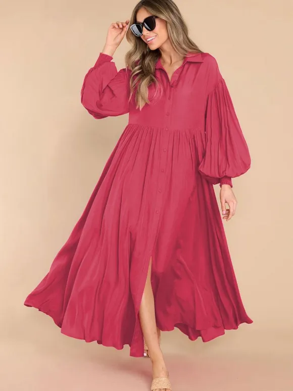 Boho Maxi Shirt Dress For Women- Long Puff Sleeve Casual Flowy Dress - Summer Vacation Beach Evening Wear 2026