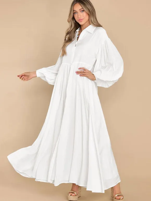 Boho Maxi Shirt Dress For Women- Long Puff Sleeve Casual Flowy Dress - Summer Vacation Beach Evening Wear 2026