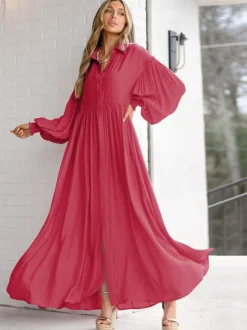 Boho Maxi Shirt Dress For Women- Long Puff Sleeve Casual Flowy Dress - Summer Vacation Beach Evening Wear 2026