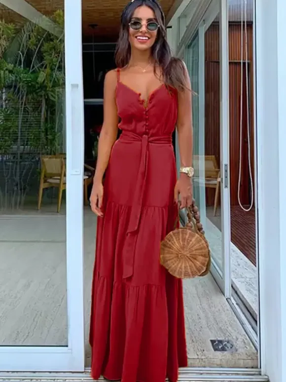 Boho Maxi Slip Dress for Women - Button Up Waist Tie Tiered Sundress - Summer Beach Vacation 2026