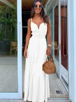 Boho Maxi Slip Dress for Women - Button Up Waist Tie Tiered Sundress - Summer Beach Vacation 2026