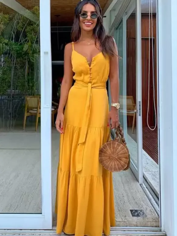 Boho Maxi Slip Dress for Women - Button Up Waist Tie Tiered Sundress - Summer Beach Vacation 2026