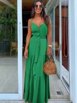 Boho Maxi Slip Dress for Women - Button Up Waist Tie Tiered Sundress - Summer Beach Vacation 2026