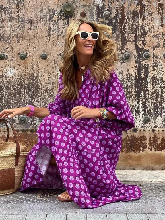 Boho Maxi Smock Dress for Women - Tiered Floral V Neck Lantern Sleeve Long Dress - Summer Beach Holiday 2026