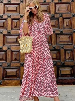 Boho Maxi Smock Dress for Women - Tiered Floral V Neck Lantern Sleeve Long Dress - Summer Beach Holiday 2026