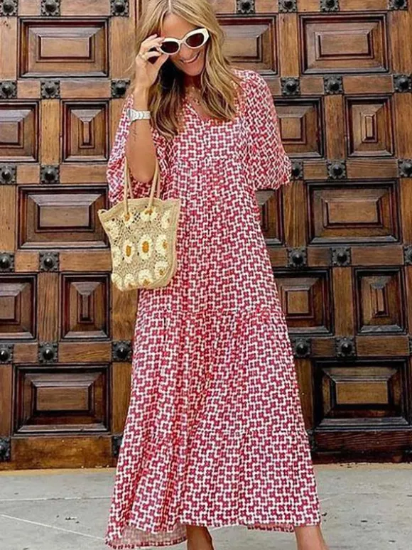 Boho Maxi Smock Dress for Women - Tiered Floral V Neck Lantern Sleeve Long Dress - Summer Beach Holiday 2026