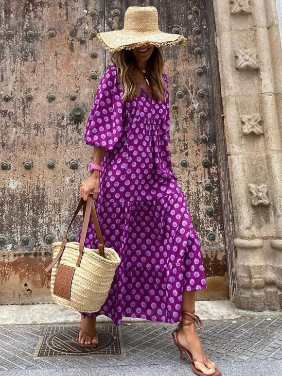 Boho Maxi Smock Dress for Women - Tiered Floral V Neck Lantern Sleeve Long Dress - Summer Beach Holiday 2026