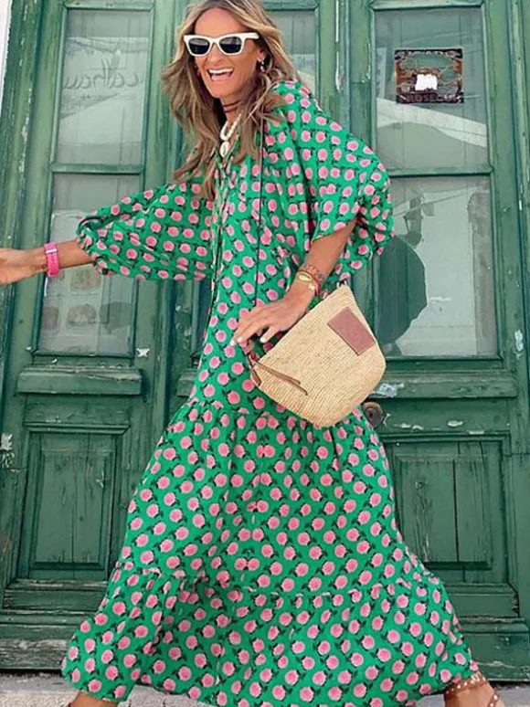 Boho Maxi Smock Dress for Women - Tiered Floral V Neck Lantern Sleeve Long Dress - Summer Beach Holiday 2026